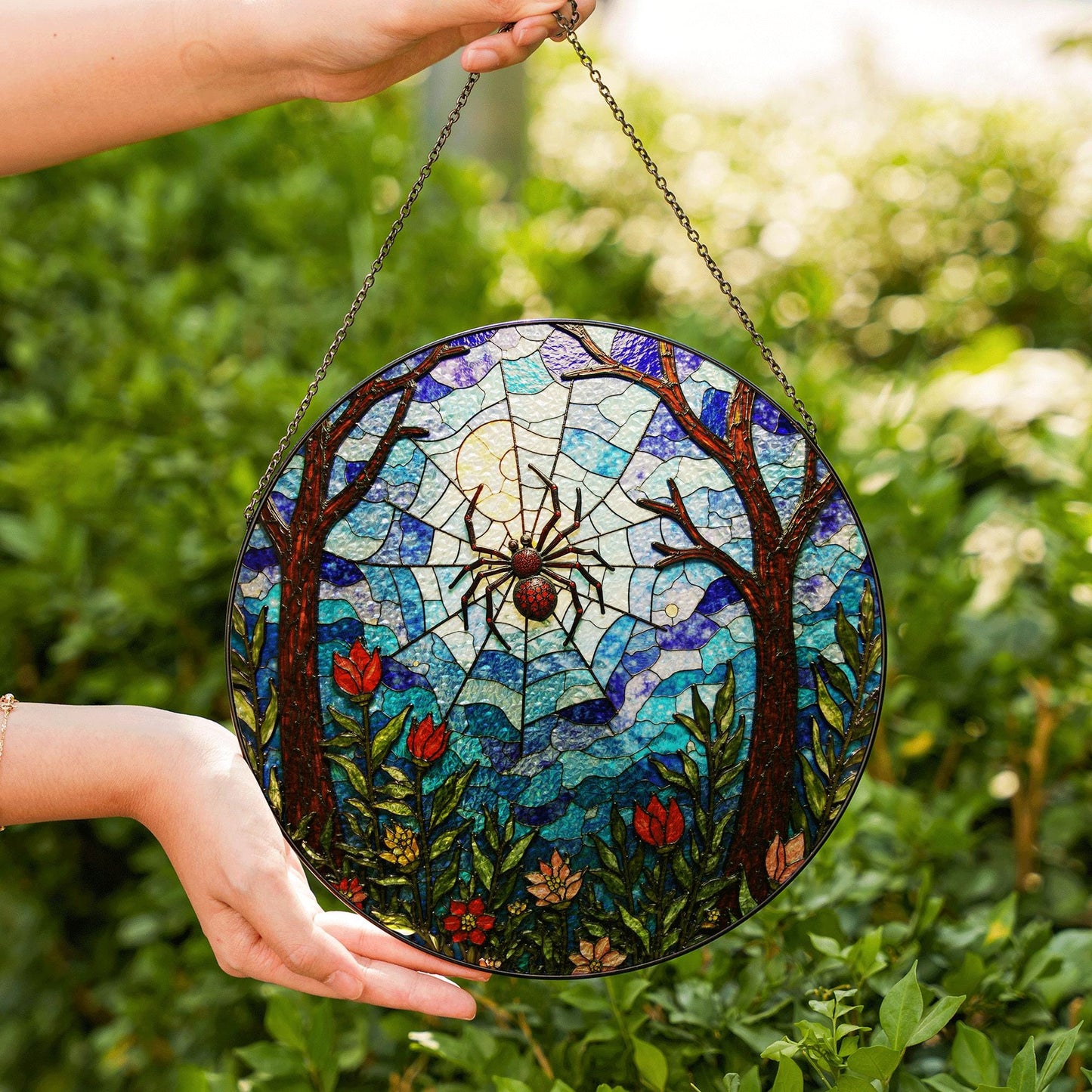 Suncatcher stained glass spider web forest flowers gift for mom Halloween gift