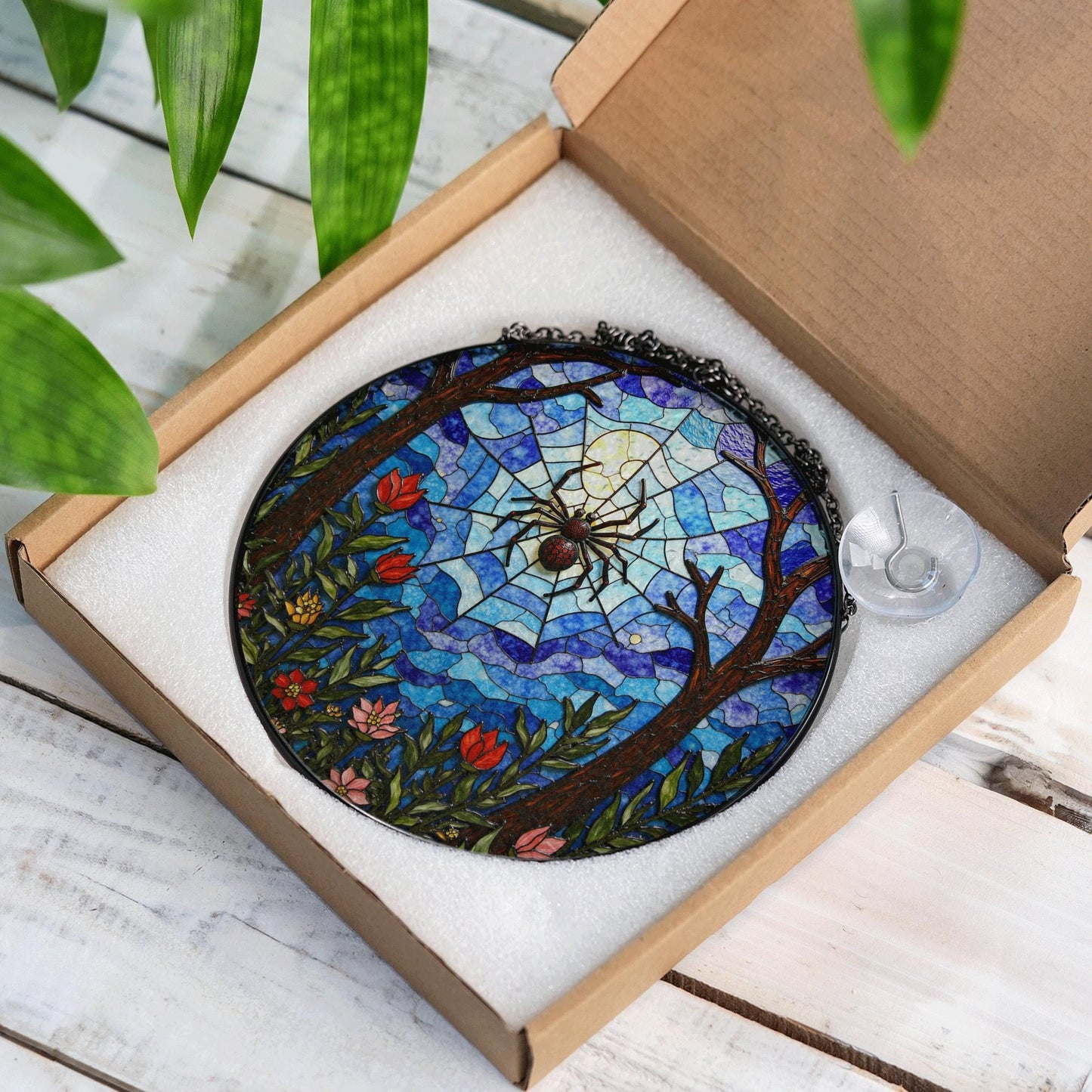 Suncatcher stained glass spider web forest flowers gift for mom Halloween gift