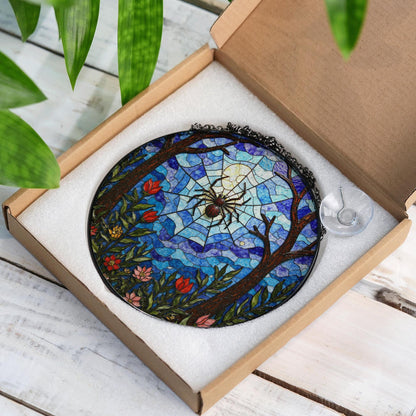 Suncatcher stained glass spider web forest flowers gift for mom Halloween gift