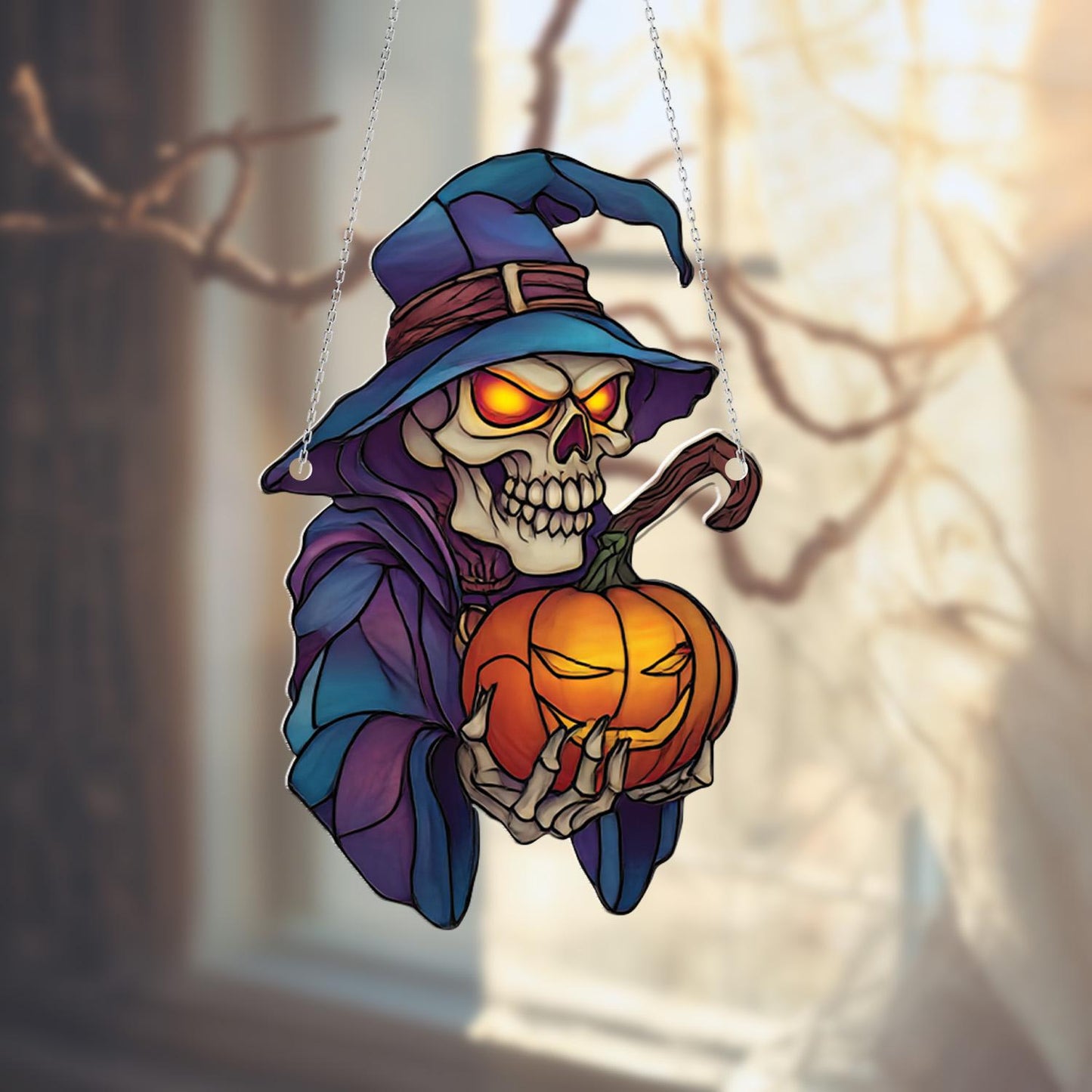 Spooky Skeleton In Witch Hat Holding Pumpkin Window Hanging, Gothic Halloween Décor For Haunted Home, Creepy And Festive Accent