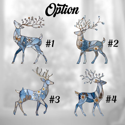 Elegant Blue Reindeer Window Hanging With Floral And Pinecone Details, Winter Wonderland Décor For Festive And Cozy Seasonal Charm