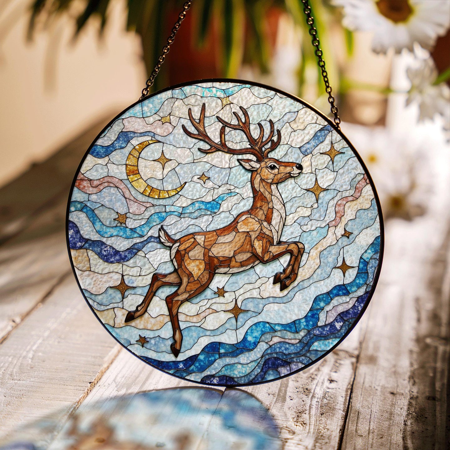 Suncatcher stained glass leaping deer moon and stars Christmas gift for mom