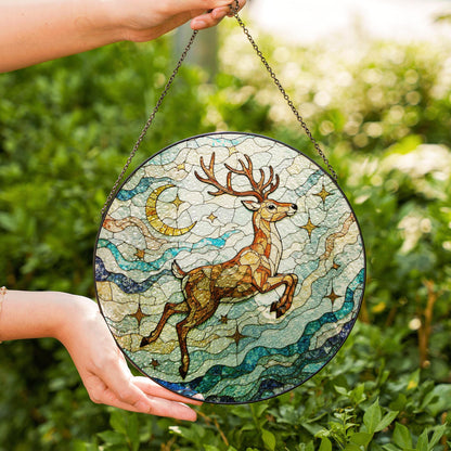 Suncatcher stained glass leaping deer moon and stars Christmas gift for mom