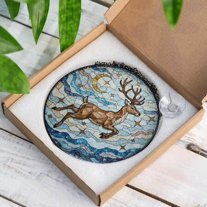 Suncatcher stained glass leaping deer moon and stars Christmas gift for mom