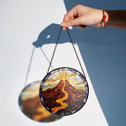 Suncatcher stained glass volcano eruption with flowing lava housewarming gift for mom birthday gift