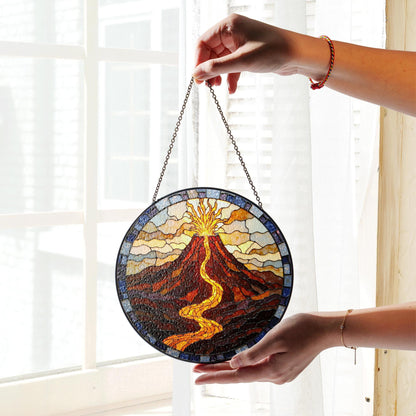 Suncatcher stained glass volcano eruption with flowing lava housewarming gift for mom birthday gift