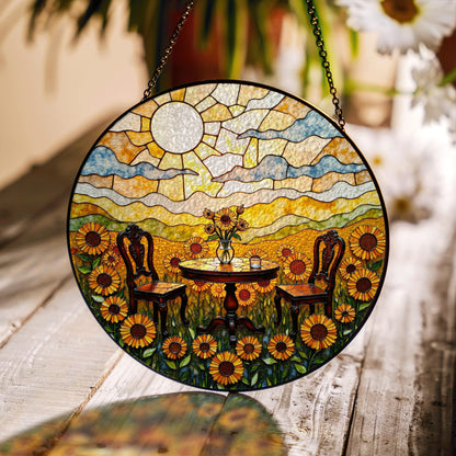 Suncatcher stained glass sunflower garden table scene gift for mom Mothers Day gift housewarming gift