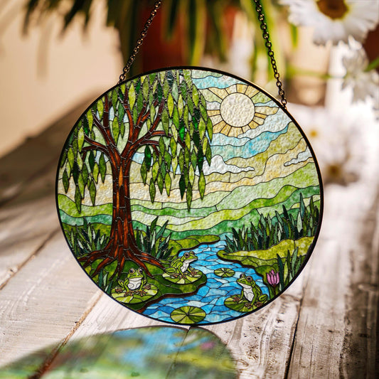 Suncatcher stained glass willow tree pond frogs nature scene gift for mom Mothers Day gift