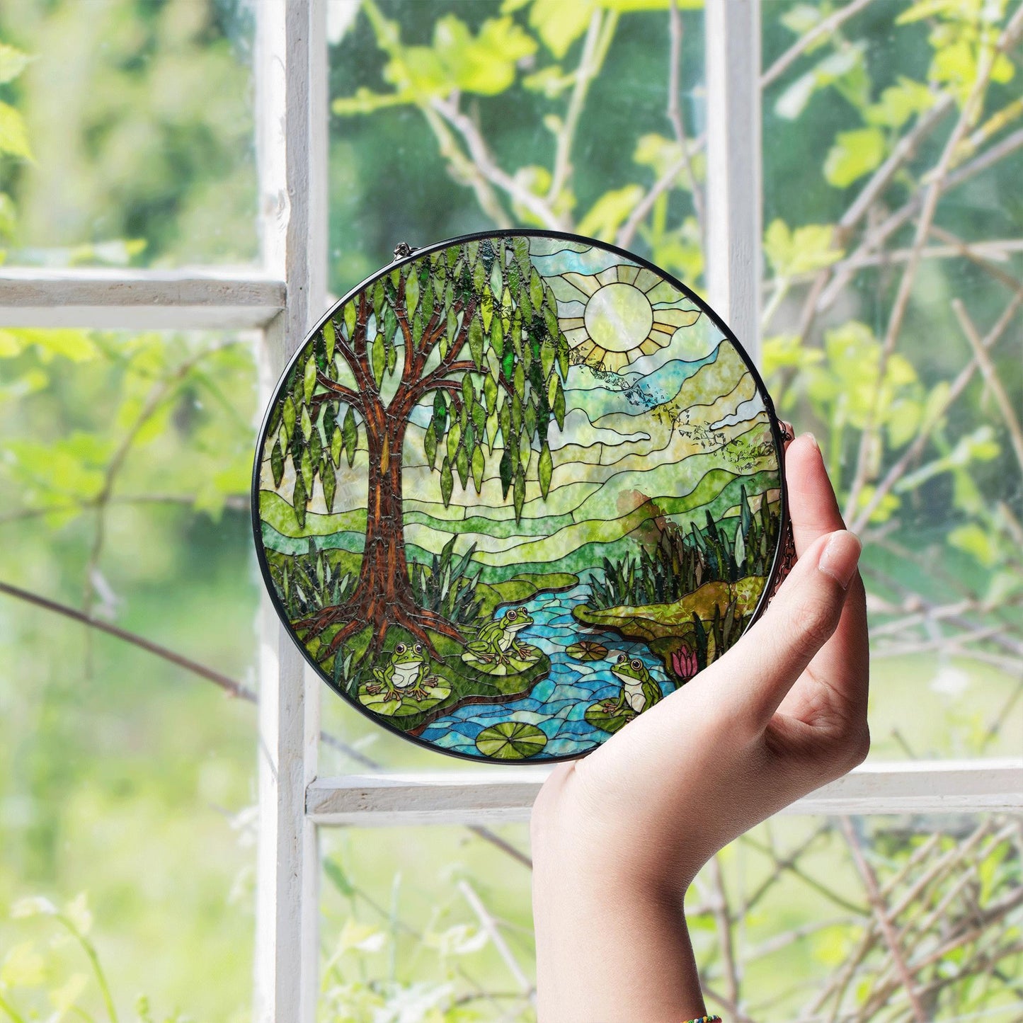 Suncatcher stained glass willow tree pond frogs nature scene gift for mom Mothers Day gift