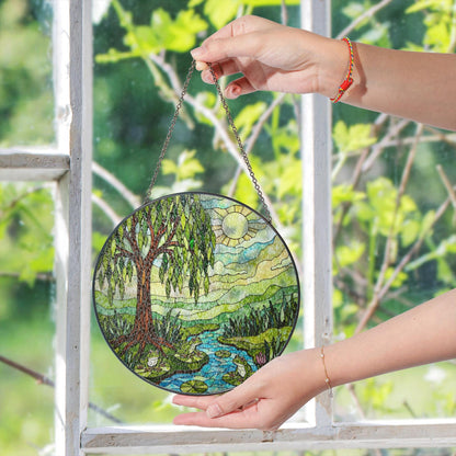 Suncatcher stained glass willow tree pond frogs nature scene gift for mom Mothers Day gift