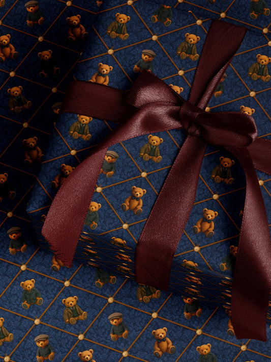 Children Gift Wrap Teddy Bear Wrapping Paper First Birthday Party Gift Wrap Blue Wrapping Paper for Him Vintage Wrapping Paper Adorable Bear