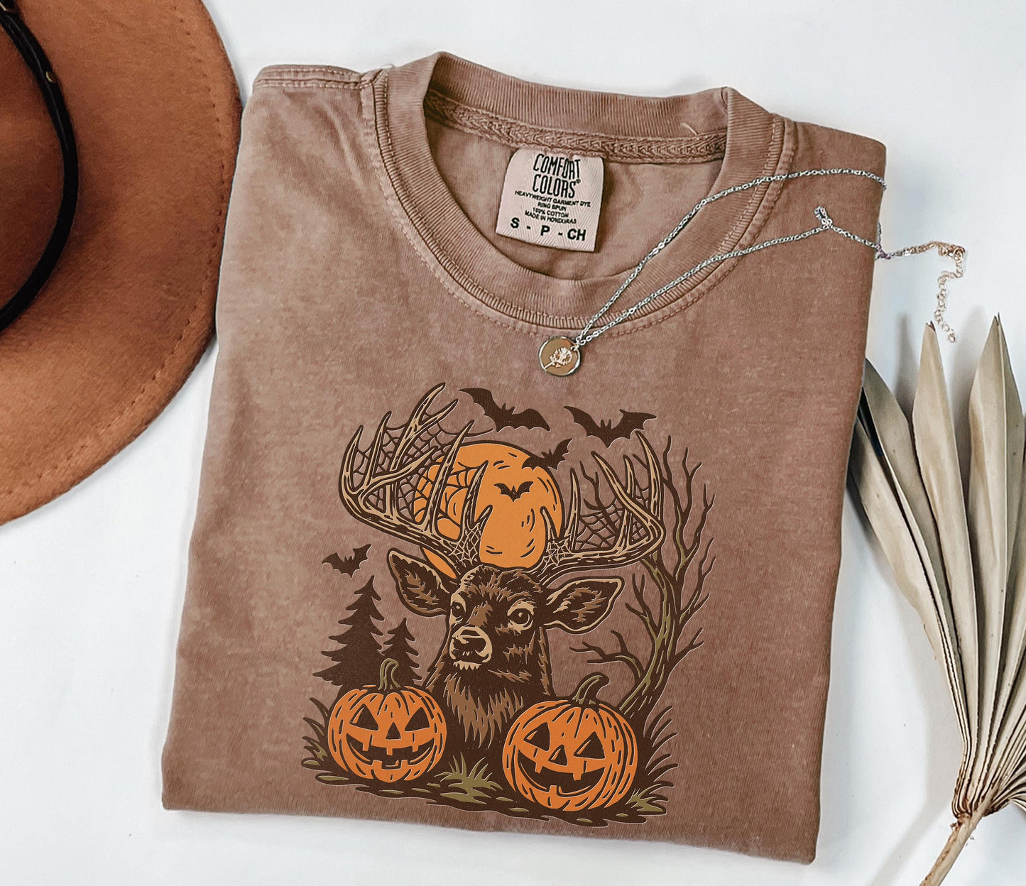 Comfort Colors® Halloween Deer Shirt, Spooky Forest Buck Shirt with Pumpkins & Bats, Rustic Hunting Halloween Shirt, Fall Antler Skull Shirt