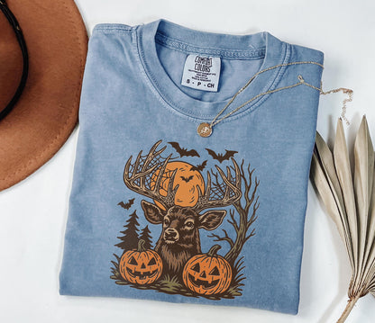 Comfort Colors® Halloween Deer Shirt, Spooky Forest Buck Shirt with Pumpkins & Bats, Rustic Hunting Halloween Shirt, Fall Antler Skull Shirt