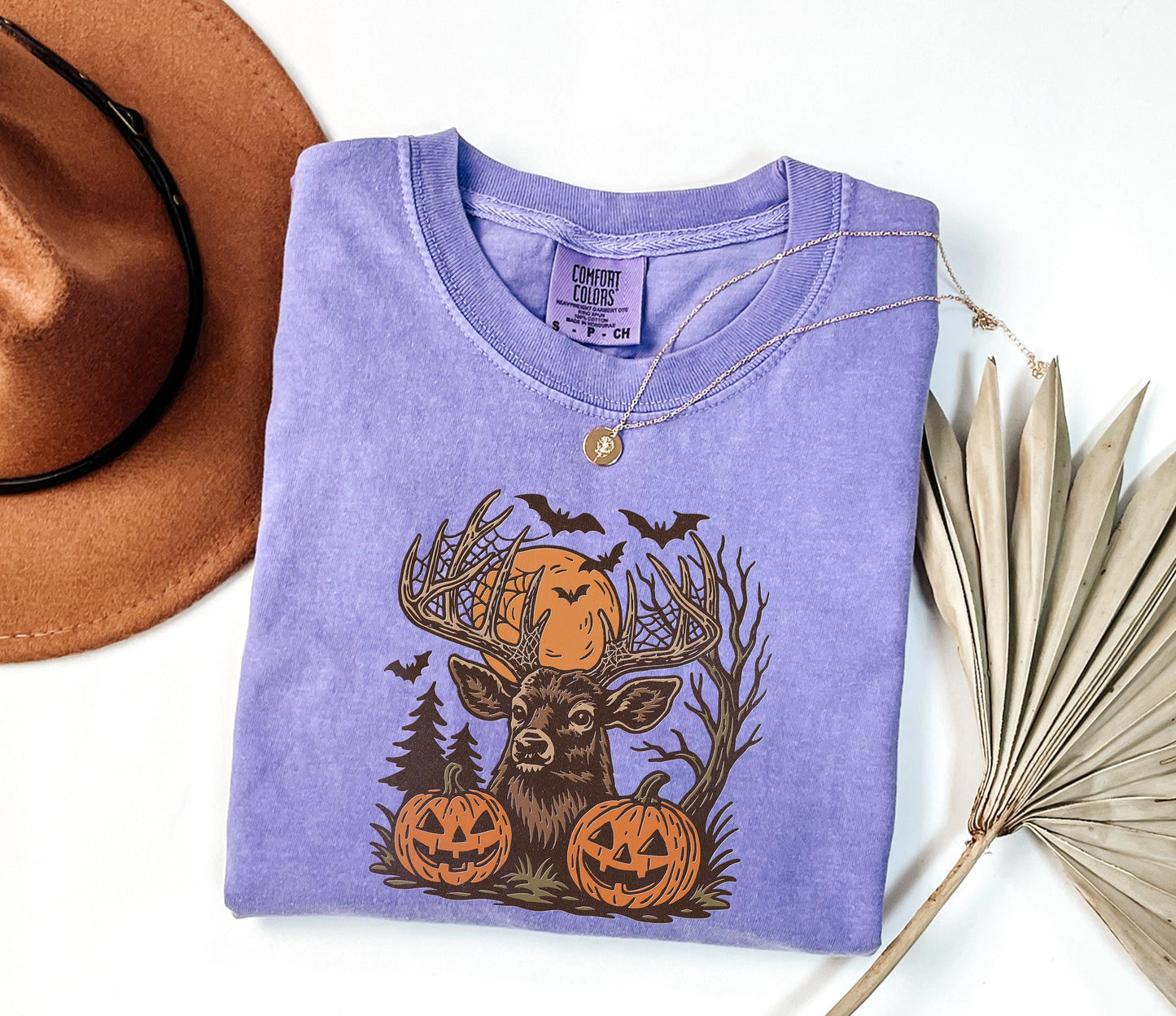 Comfort Colors® Halloween Deer Shirt, Spooky Forest Buck Shirt with Pumpkins & Bats, Rustic Hunting Halloween Shirt, Fall Antler Skull Shirt