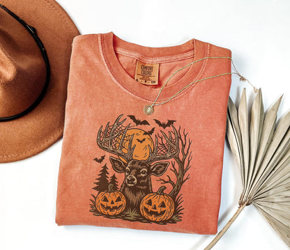 Comfort Colors® Halloween Deer Shirt, Spooky Forest Buck Shirt with Pumpkins & Bats, Rustic Hunting Halloween Shirt, Fall Antler Skull Shirt