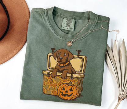 Comfort Colors® Brown Lab Halloween Shirt, Dog in Camo Cooler Shirt with Pumpkin Face, Fall Hunting Dog Shirt,Southern Spooky Halloween Tee