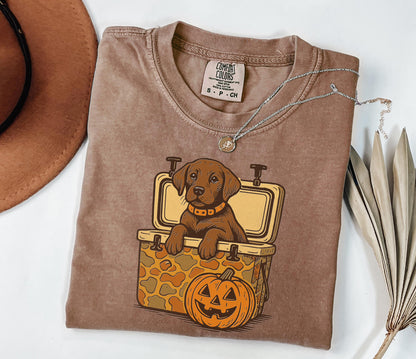 Comfort Colors® Brown Lab Halloween Shirt, Dog in Camo Cooler Shirt with Pumpkin Face, Fall Hunting Dog Shirt,Southern Spooky Halloween Tee