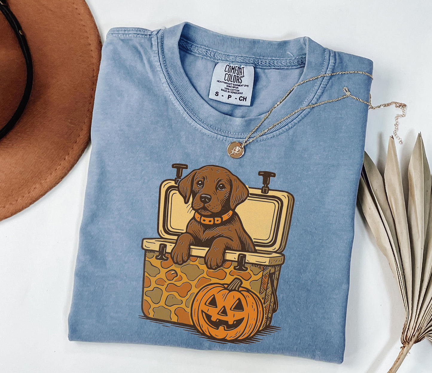 Comfort Colors® Brown Lab Halloween Shirt, Dog in Camo Cooler Shirt with Pumpkin Face, Fall Hunting Dog Shirt,Southern Spooky Halloween Tee