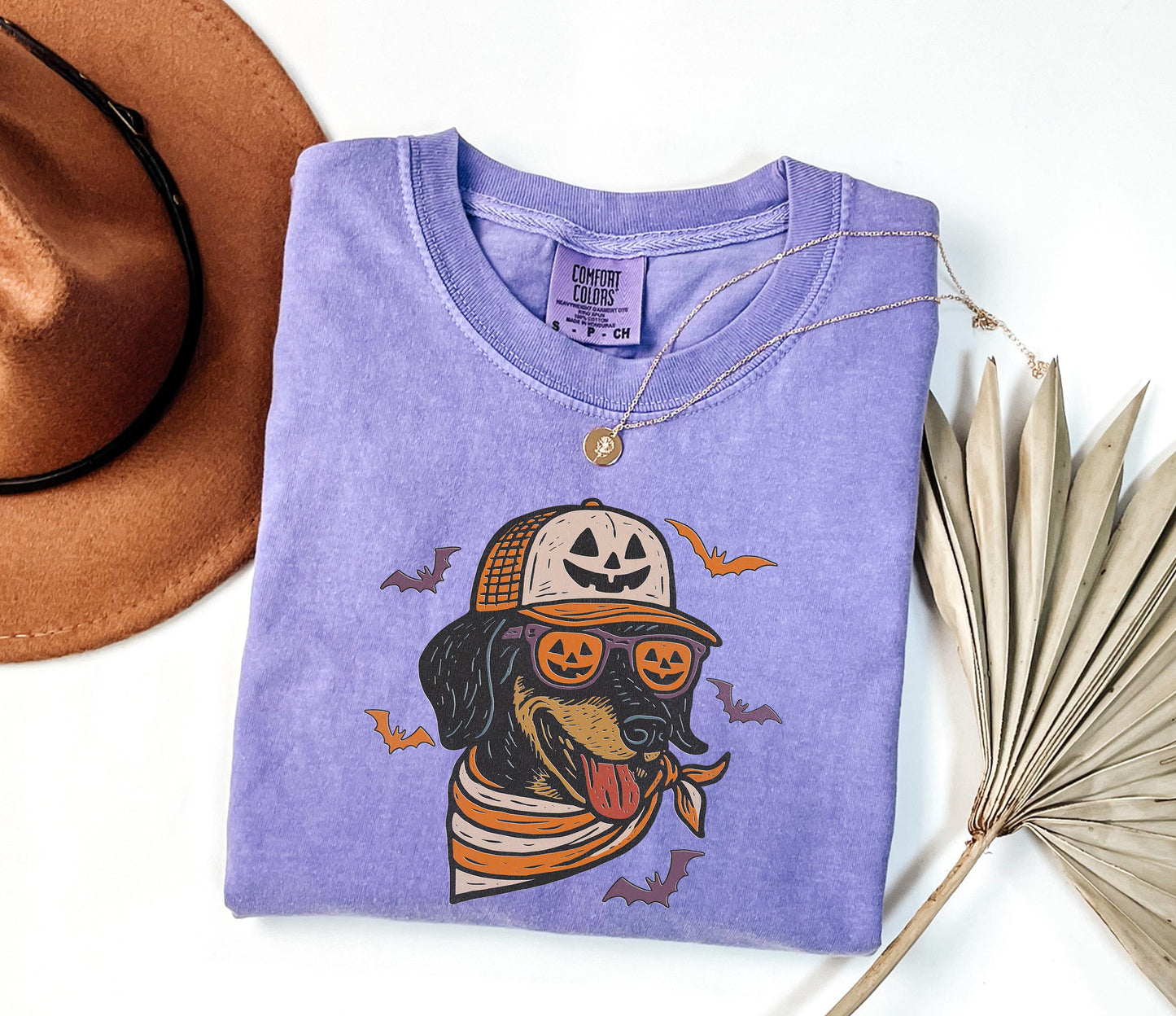 Comfort Colors® Halloween Cool Dog Shirt, Dachshund with Pumpkin Trucker Hat and Sunglasses Shirt, Funny Fall Halloween Shirt for Dog Lovers