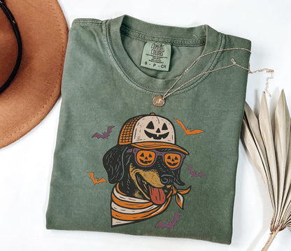 Comfort Colors® Halloween Cool Dog Shirt, Dachshund with Pumpkin Trucker Hat and Sunglasses Shirt, Funny Fall Halloween Shirt for Dog Lovers