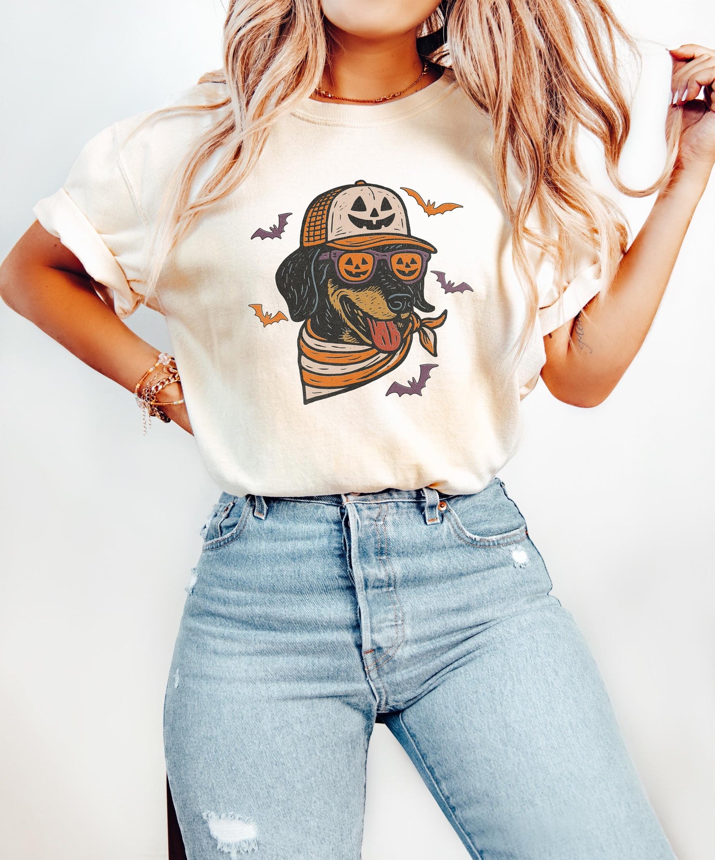 Comfort Colors® Halloween Cool Dog Shirt, Dachshund with Pumpkin Trucker Hat and Sunglasses Shirt, Funny Fall Halloween Shirt for Dog Lovers