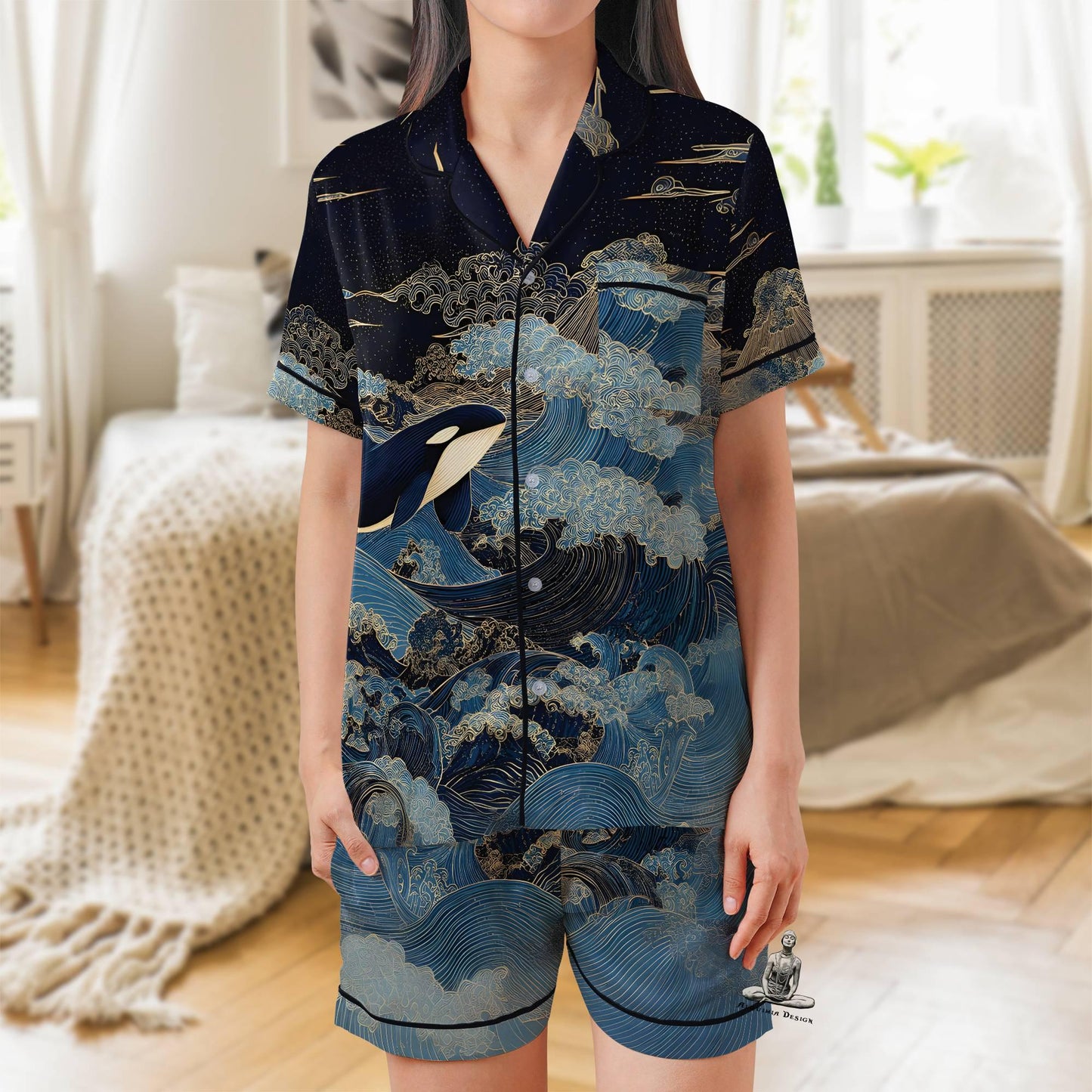 Orca Pajama Set Short Sleeves, Killer Whale Woman's Satin Pajama Short Sleeve Ocean Lover Gift