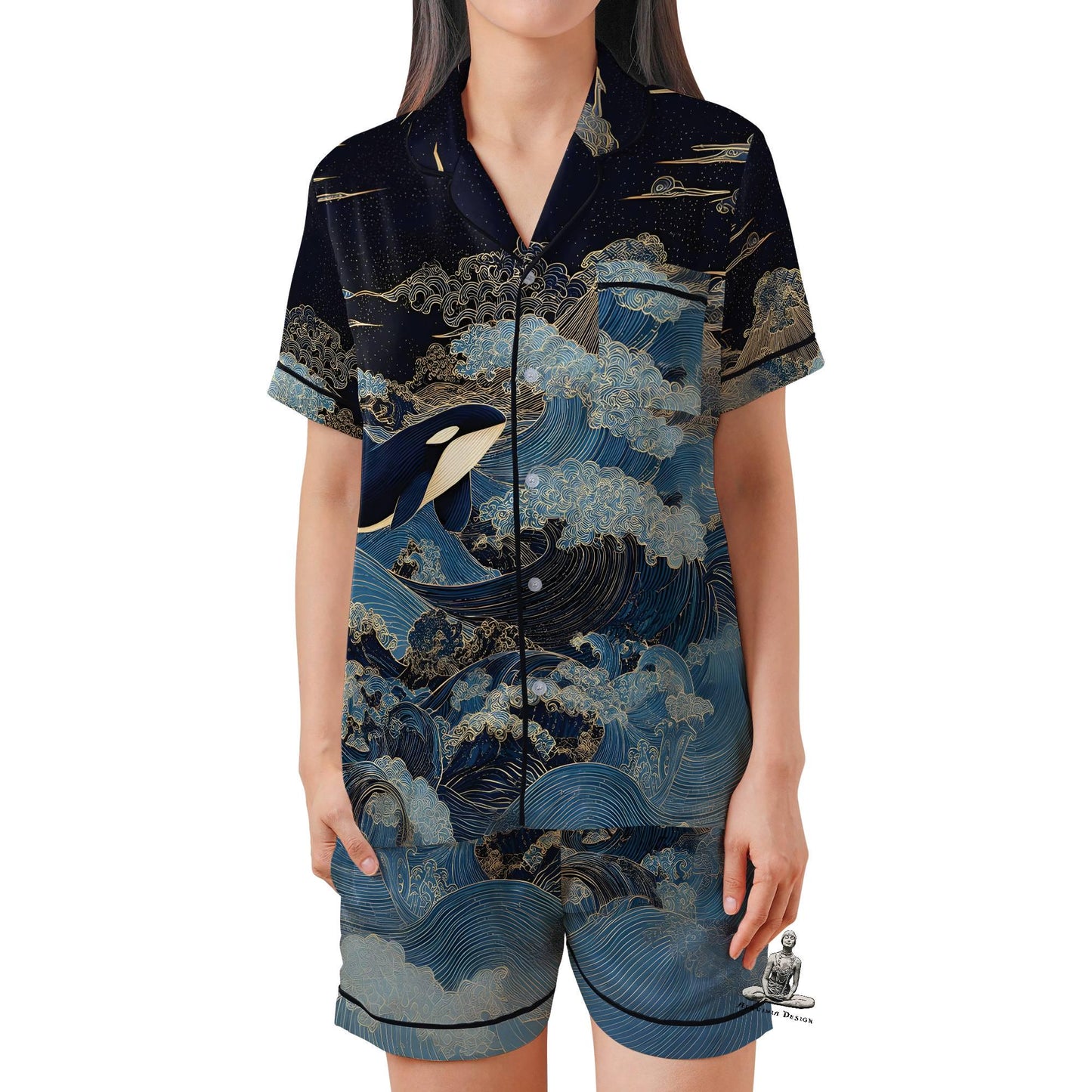 Orca Pajama Set Short Sleeves, Killer Whale Woman's Satin Pajama Short Sleeve Ocean Lover Gift