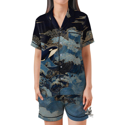 Orca Pajama Set Short Sleeves, Killer Whale Woman's Satin Pajama Short Sleeve Ocean Lover Gift