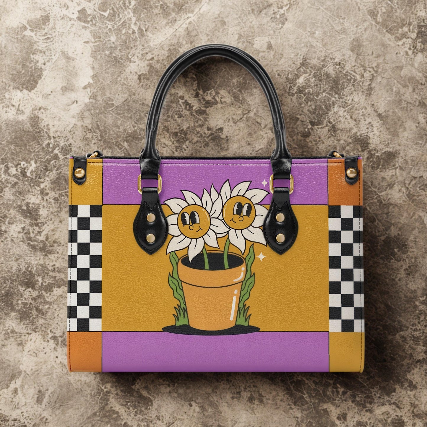 Sunflower Checkered Handbag | Purple Yellow PU Leather Purse | Retro Vintage Style Bag | Crossbody Shoulder Bag | Floral Tote Bag Gift