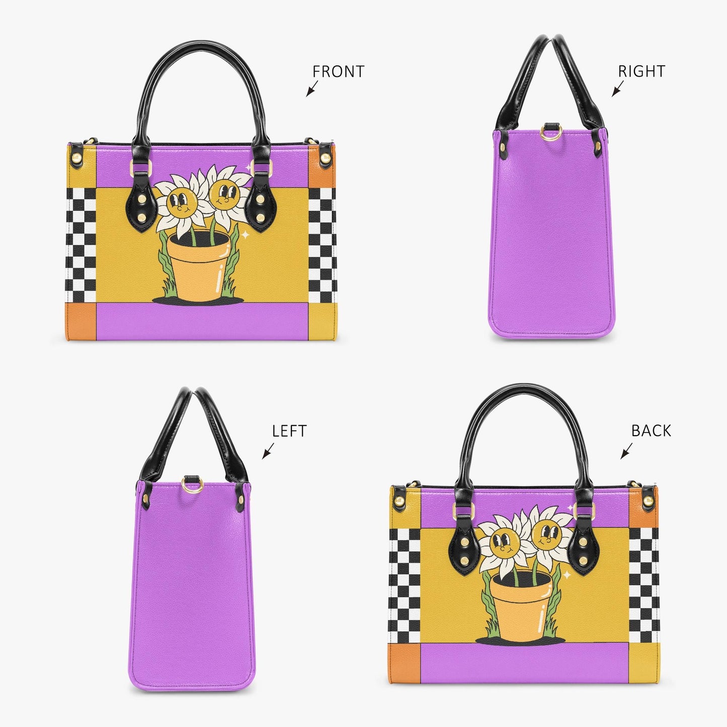 Sunflower Checkered Handbag | Purple Yellow PU Leather Purse | Retro Vintage Style Bag | Crossbody Shoulder Bag | Floral Tote Bag Gift