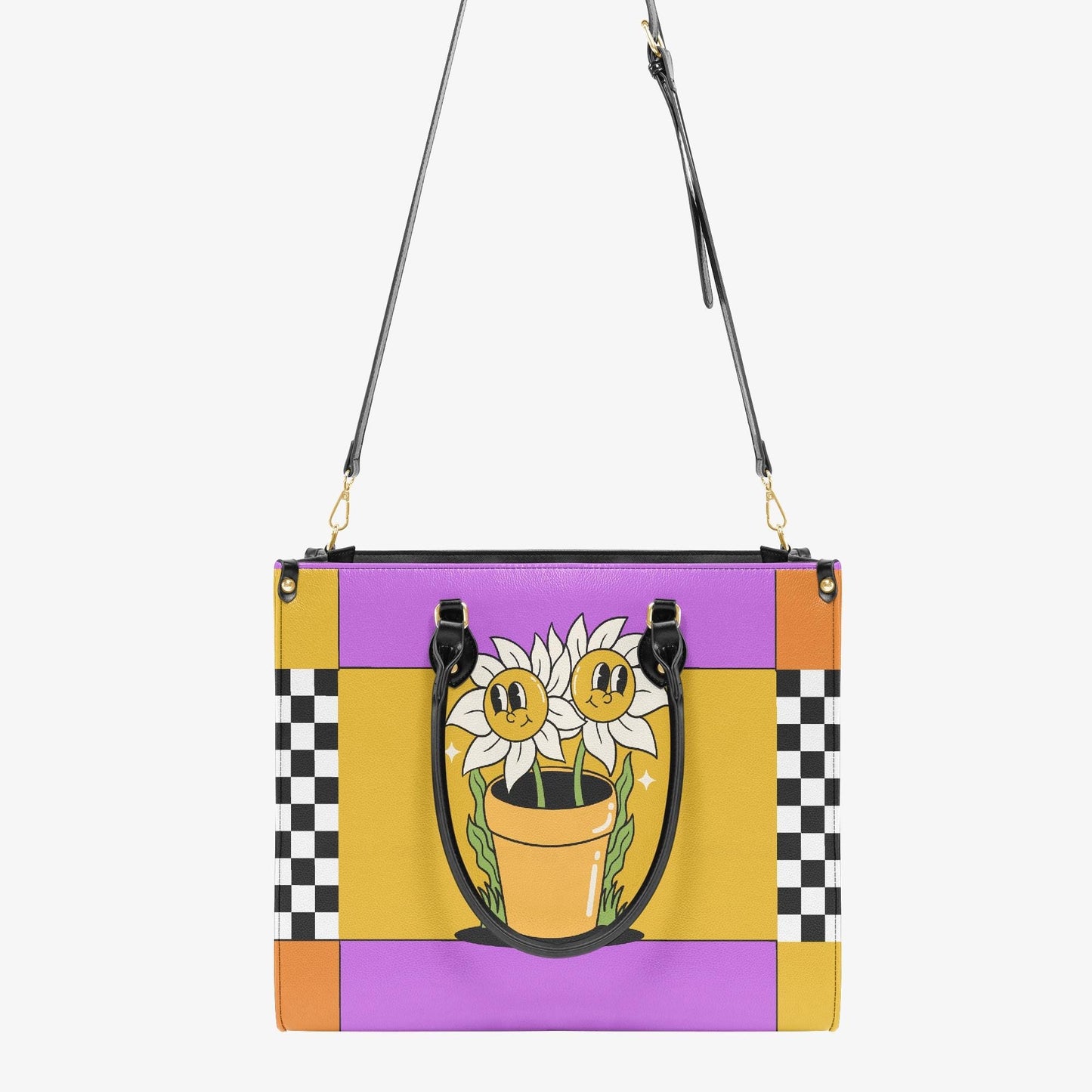 Sunflower Checkered Handbag | Purple Yellow PU Leather Purse | Retro Vintage Style Bag | Crossbody Shoulder Bag | Floral Tote Bag Gift