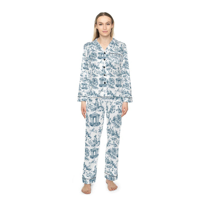 Toile de Jouy Bridal Pajama Set | Elegant Getting Ready Outfit | White & Blue Wedding PJs | Bride Satin Sleepwear | Matching Set