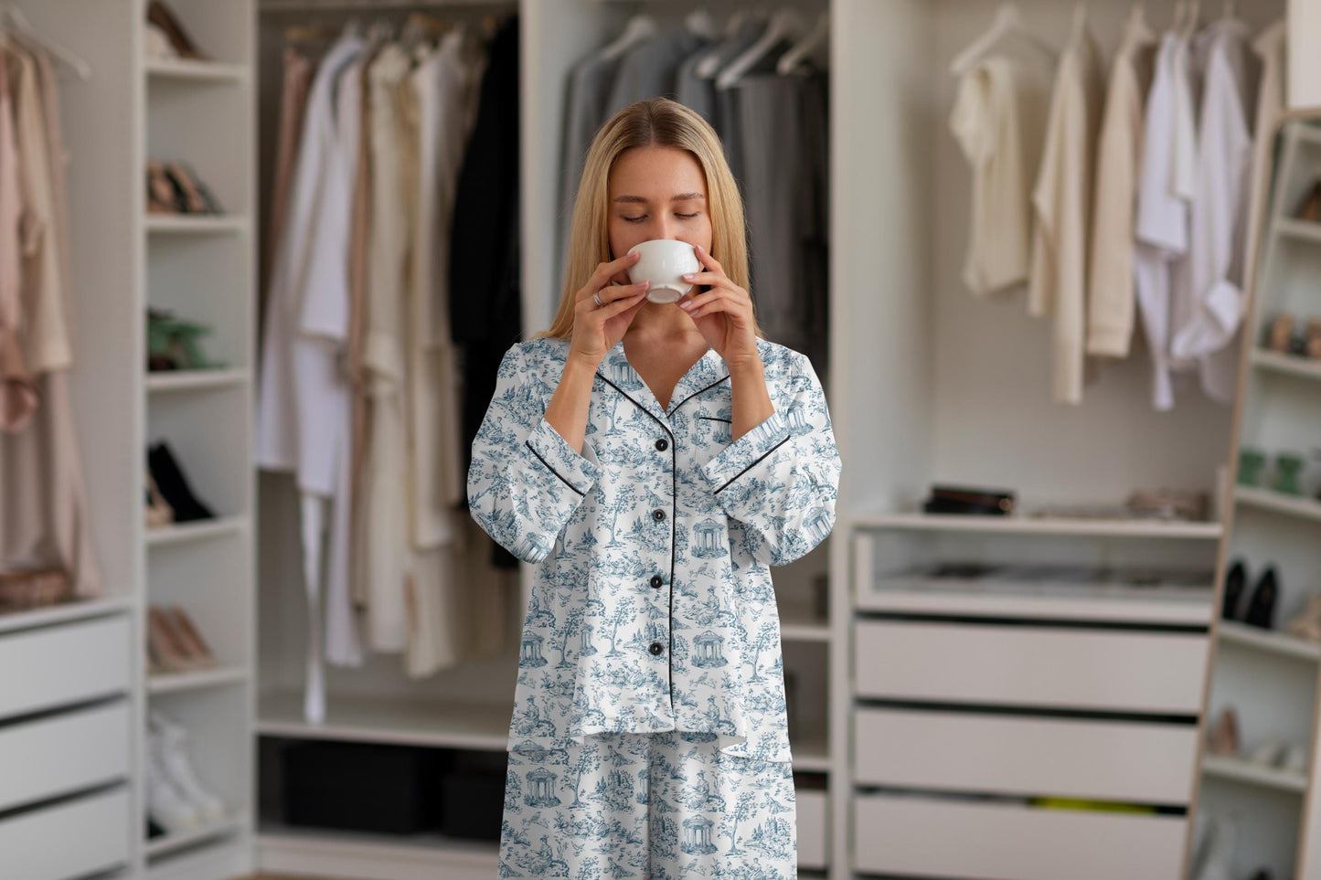 Toile de Jouy Bridal Pajama Set | Elegant Getting Ready Outfit | White & Blue Wedding PJs | Bride Satin Sleepwear | Matching Set