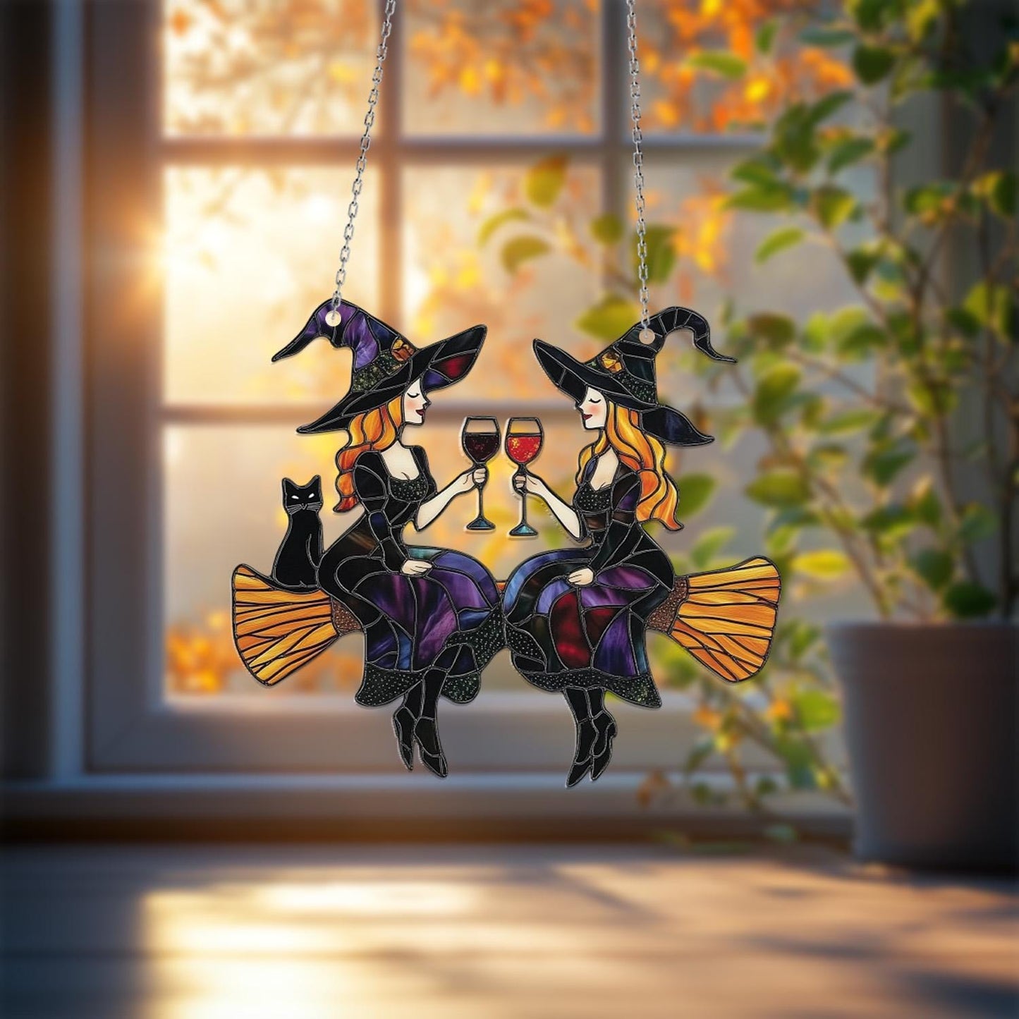 Witch Window Hanging Halloween Decor, Two Witches on Broomstick with Wine, Fall Gothic Window Art, Spooky Season Gift for Best Friend