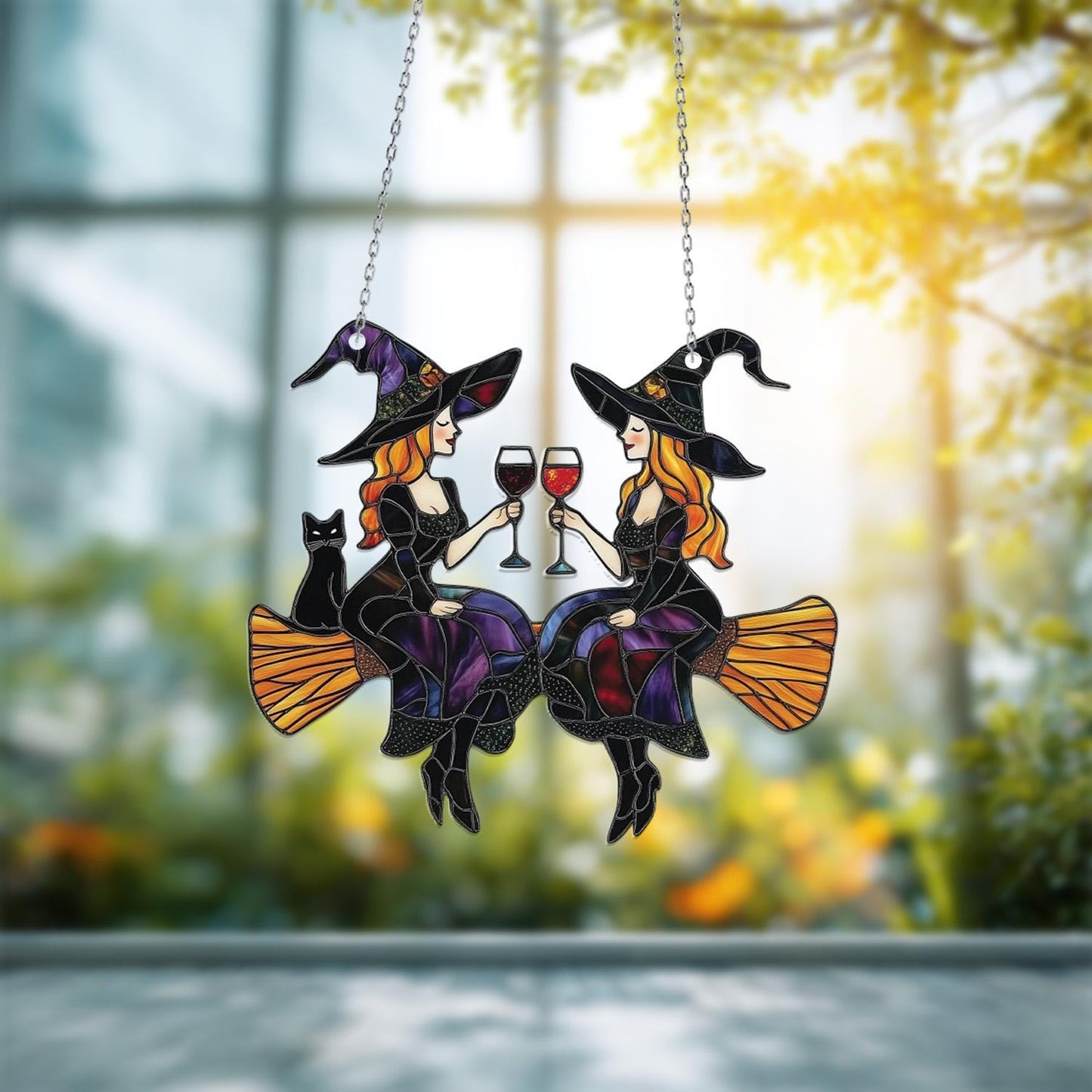 Witch Window Hanging Halloween Decor, Two Witches on Broomstick with Wine, Fall Gothic Window Art, Spooky Season Gift for Best Friend