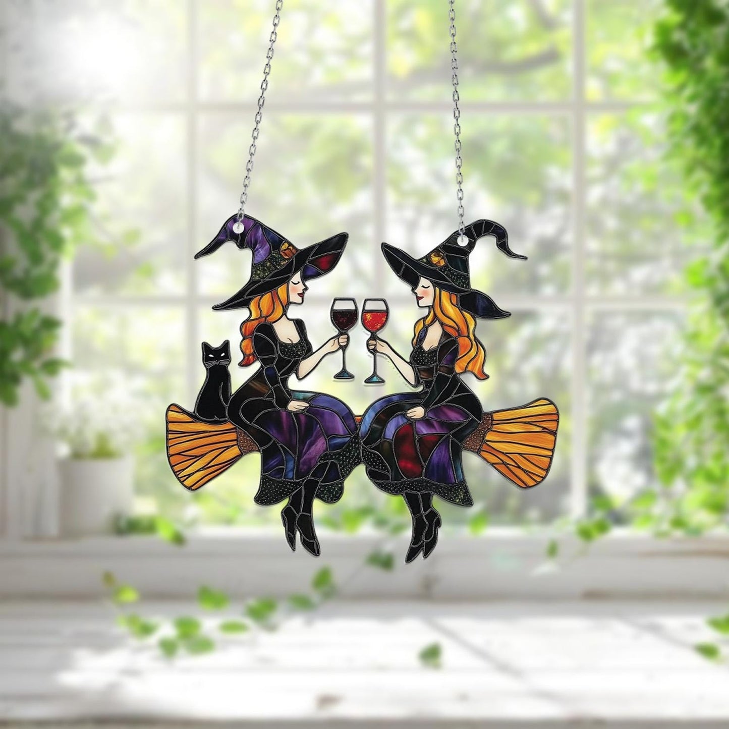 Witch Window Hanging Halloween Decor, Two Witches on Broomstick with Wine, Fall Gothic Window Art, Spooky Season Gift for Best Friend