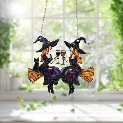 Witch Window Hanging Halloween Decor, Two Witches on Broomstick with Wine, Fall Gothic Window Art, Spooky Season Gift for Best Friend