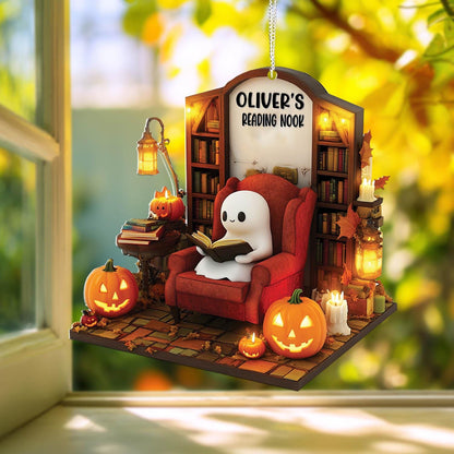 Personalized Halloween Window Hanging, Cute Ghost Reading Nook Decor with Pumpkins and Book, Fall Spooky Room Decoration Gift for Book Lover