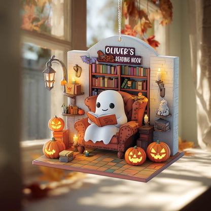 Personalized Halloween Window Hanging, Cute Ghost Reading Nook Decor with Pumpkins and Book, Fall Spooky Room Decoration Gift for Book Lover