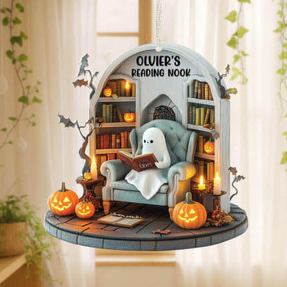 Personalized Halloween Window Hanging, Cute Ghost Reading Nook Decor with Pumpkins and Book, Fall Spooky Room Decoration Gift for Book Lover