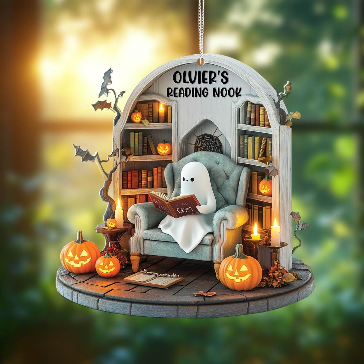 Personalized Halloween Window Hanging, Cute Ghost Reading Nook Decor with Pumpkins and Book, Fall Spooky Room Decoration Gift for Book Lover