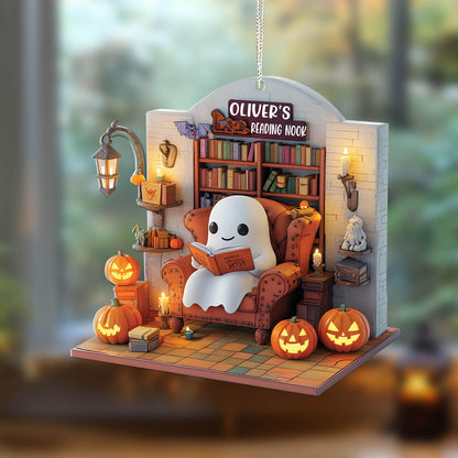 Personalized Halloween Window Hanging, Cute Ghost Reading Nook Decor with Pumpkins and Book, Fall Spooky Room Decoration Gift for Book Lover