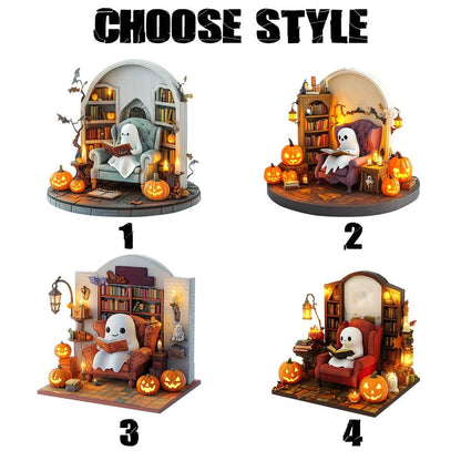 Personalized Halloween Window Hanging, Cute Ghost Reading Nook Decor with Pumpkins and Book, Fall Spooky Room Decoration Gift for Book Lover