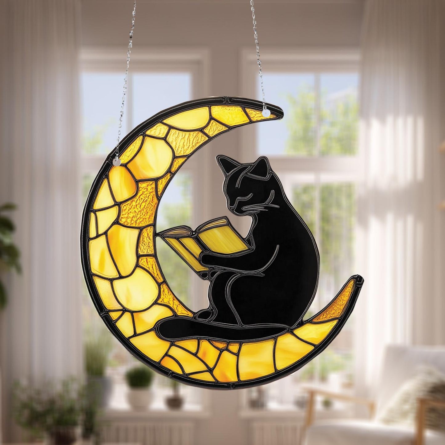 Black Cat Reading on Crescent Moon Hanging Panel with Yellow Mosaic Design, Unique Window or Wall Art for Book and Cat Lovers