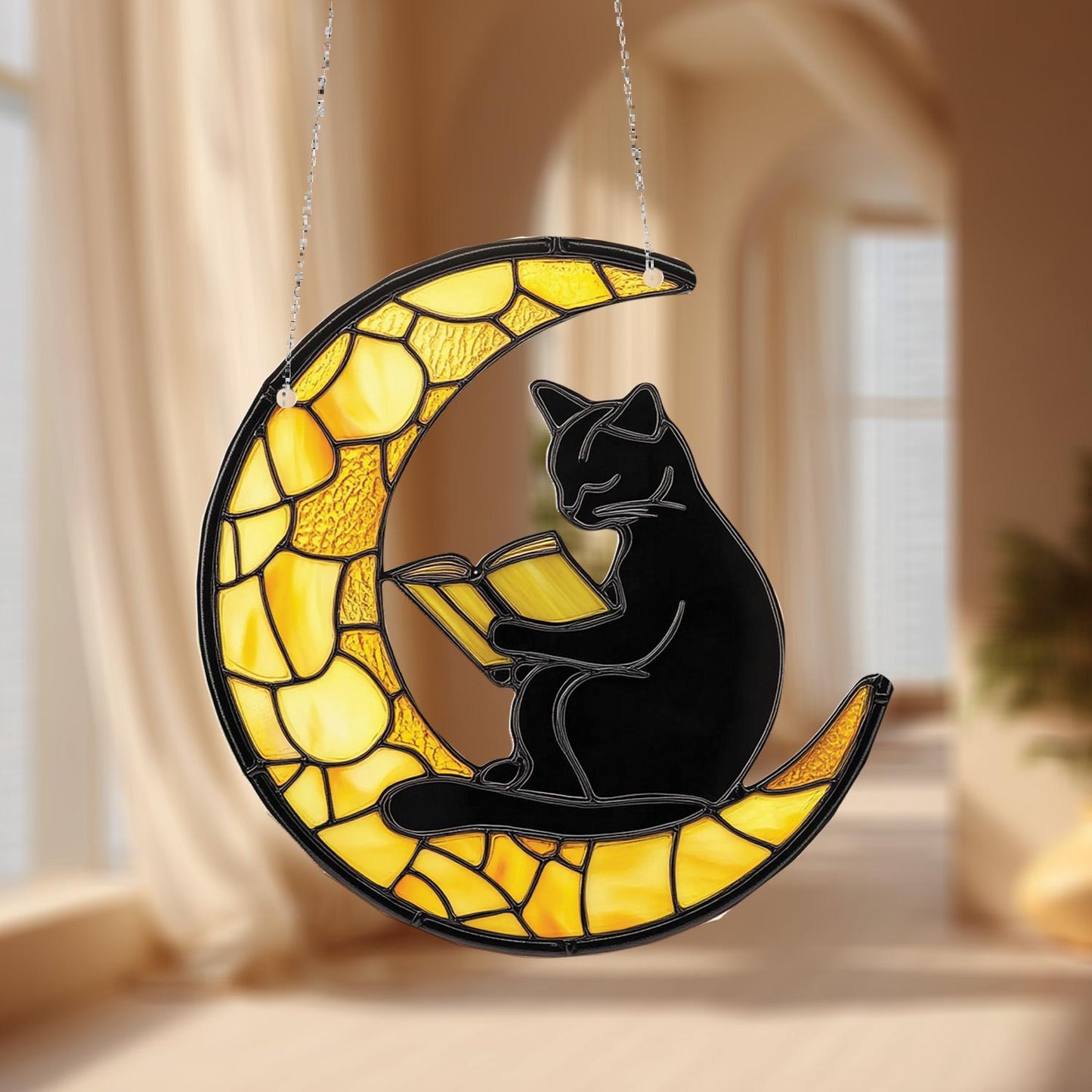 Black Cat Reading on Crescent Moon Hanging Panel with Yellow Mosaic Design, Unique Window or Wall Art for Book and Cat Lovers