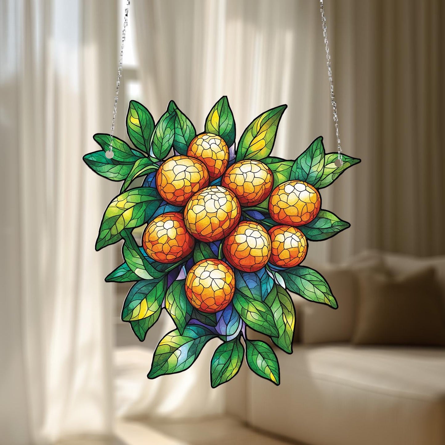 Orange Fruit and Leaf Cluster Hanging Panel, Vibrant Window or Wall Art for Kitchen, Dining Room, and Nature-Inspired Home Décor