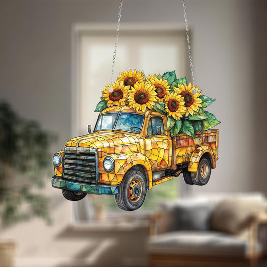 Vintage Yellow Truck with Sunflower Bouquet Hanging Panel, Rustic Window or Wall Art for Farmhouse, Garden, and Country Home Décor