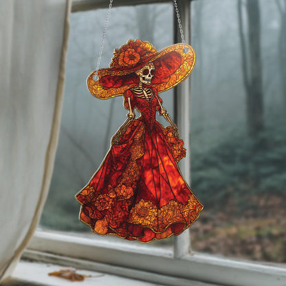 Elegant La Catrina Skeleton Window Hanging for Day of the Dead, Gothic Halloween, and Mexican Folk Art Home Decor