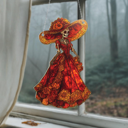 Elegant La Catrina Skeleton Window Hanging for Day of the Dead, Gothic Halloween, and Mexican Folk Art Home Decor