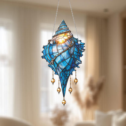 Blue Seashell Window Hanging with Elegant Dangling Beads, Ocean Nautical Decor for Beach Lovers, Summer Gift for Her, Coastal Home Accent